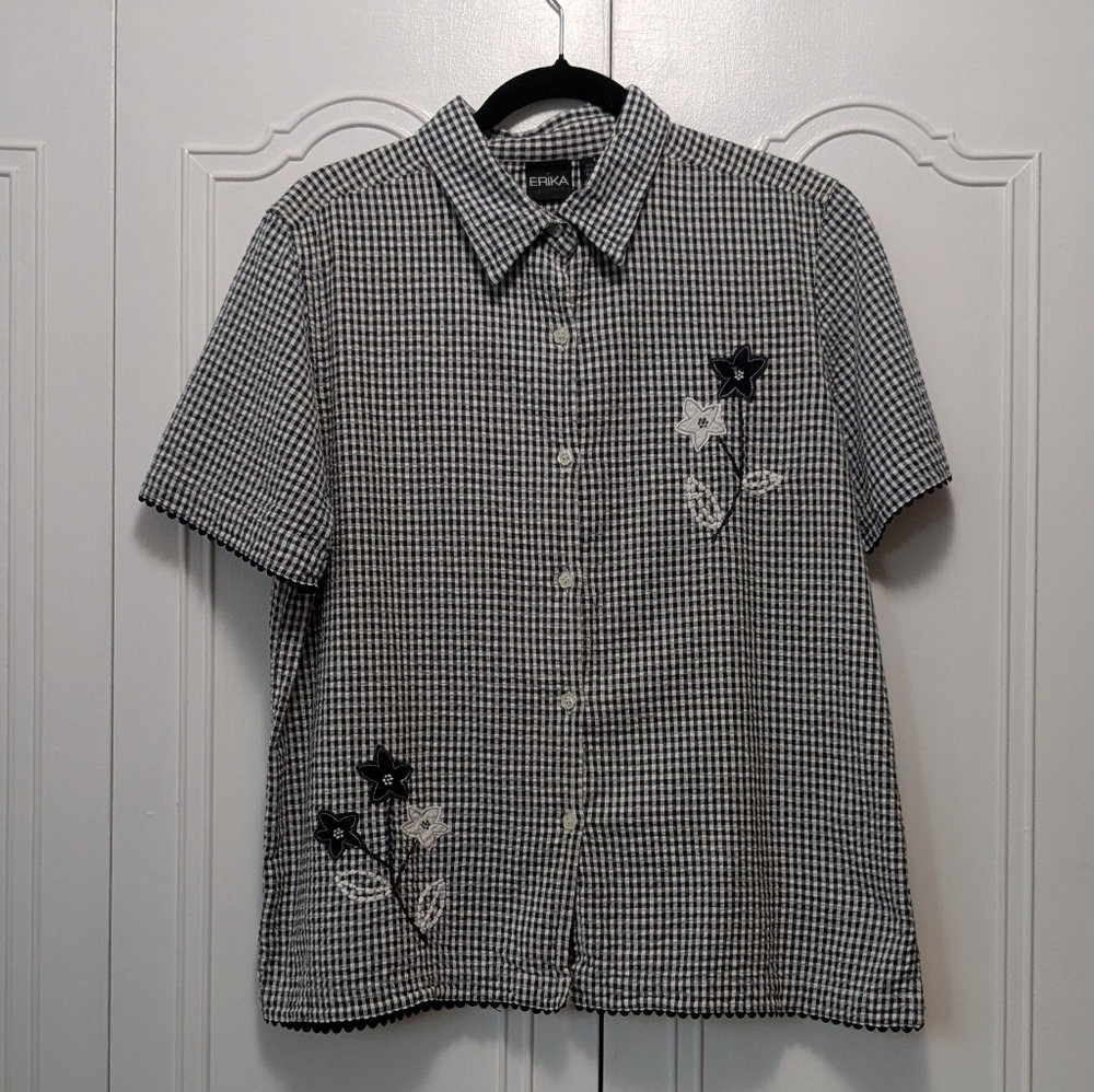 Erika Women's Monochrome Gingham Shirt with Floral Embroidery